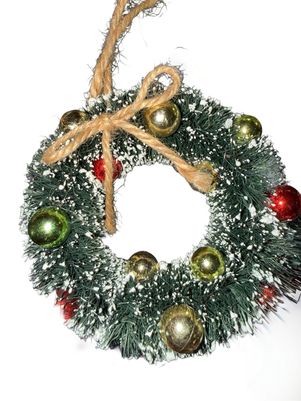VTG Set of 3 Flocked Snow Covered Bottlebrush Wreath /c Miniature Ball Ornaments